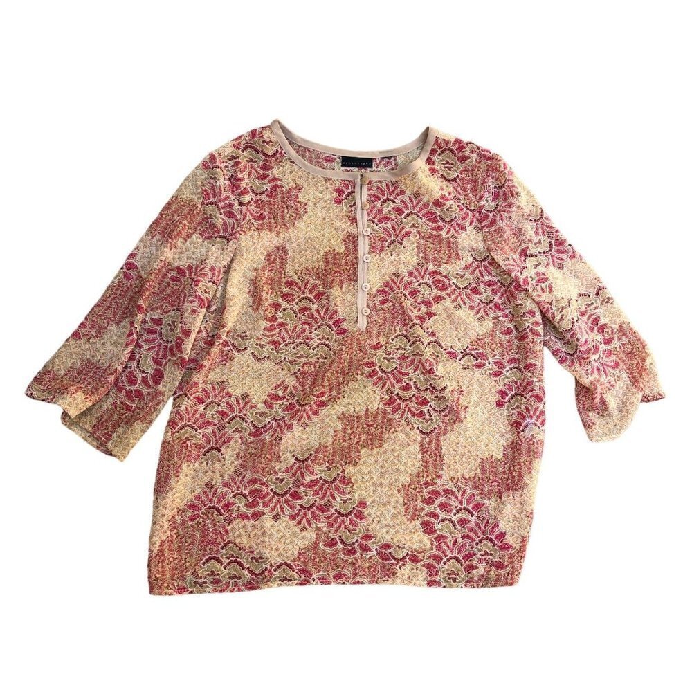 APOSTROPHE Blouse Top Shirt Women's LARGE Loose Fit Floral Sheer Beige Red